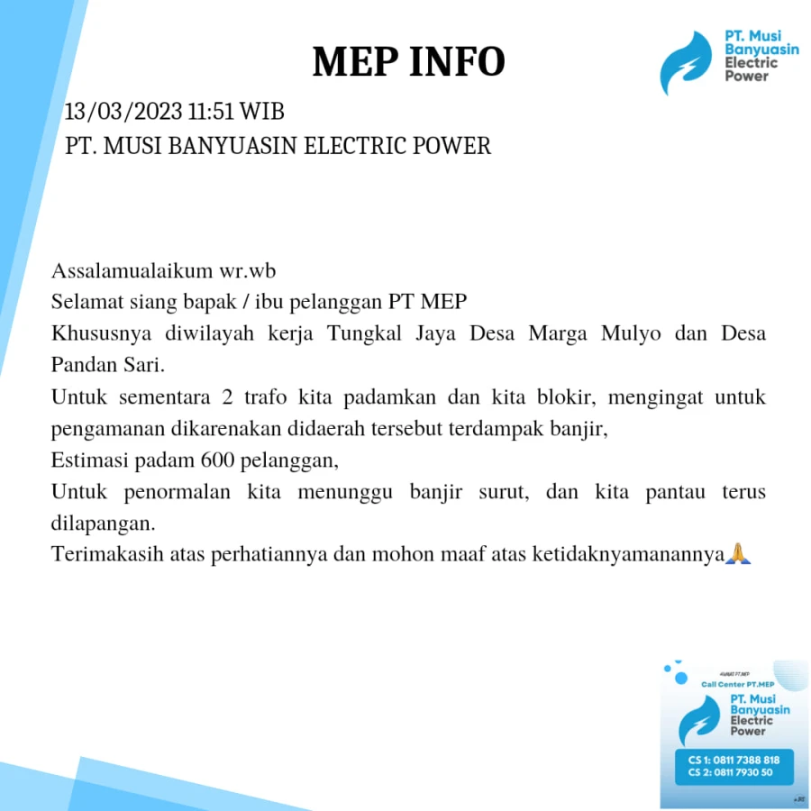 Gangguan Listrik di Wilayah Kerja PT.MEP 12/03/2023
