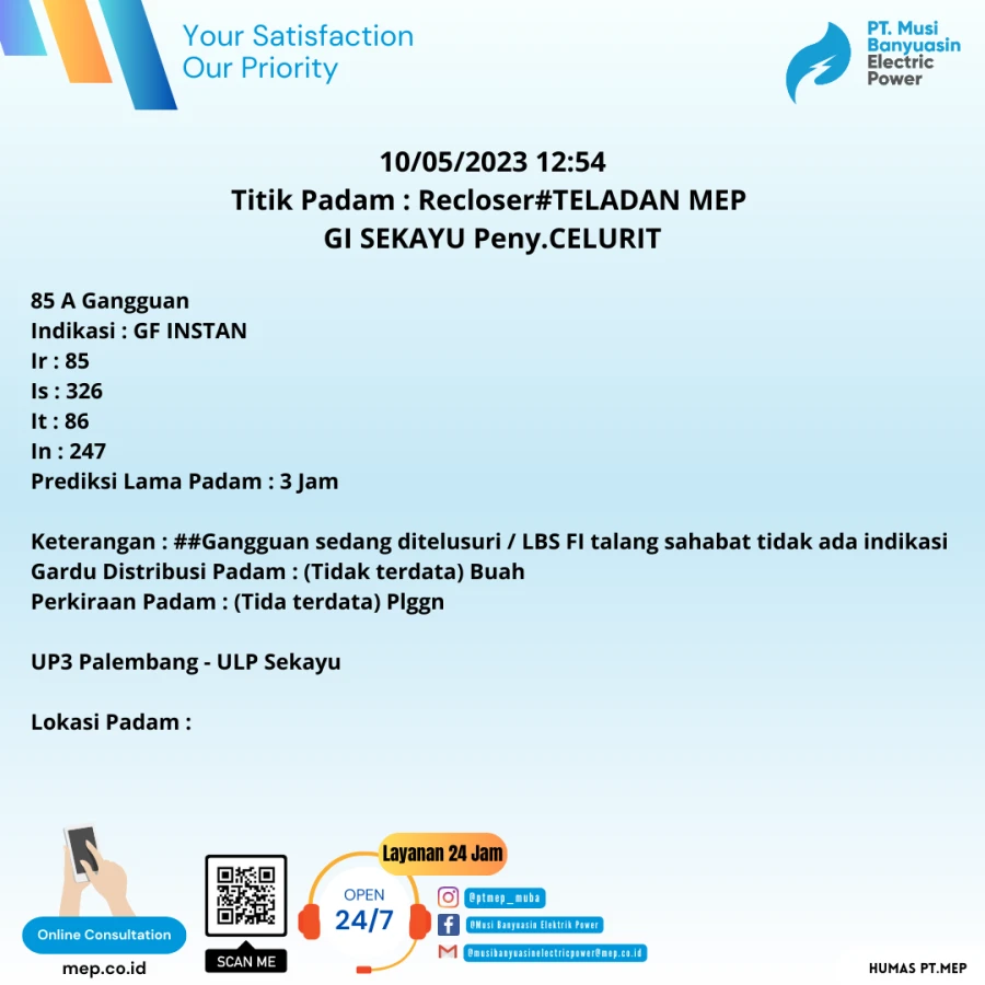 10/05/2023 12:54 Titik Padam : Recloser#TELADAN MEP  GI SEKAYU Peny.CELURIT