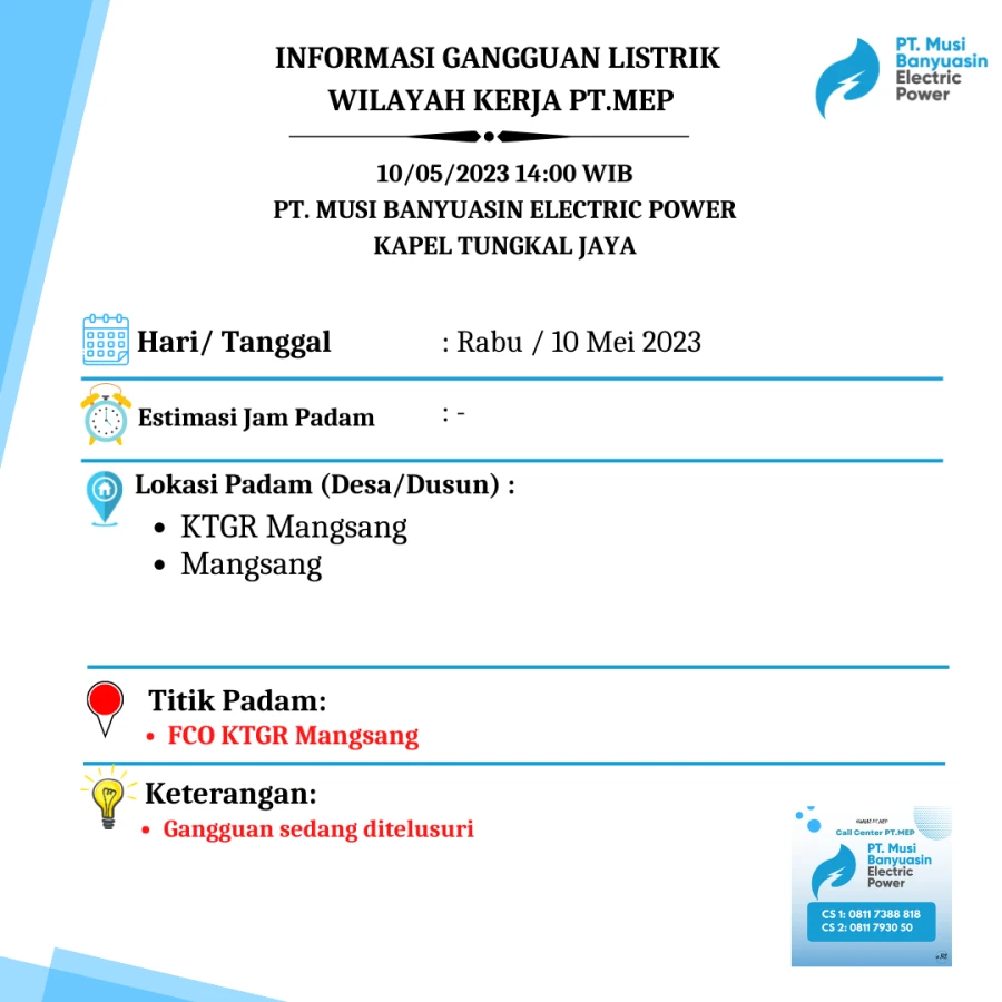 INFORMASI GANGGUAN KELISTRIKAN DI WILAYAH KAPEL TUNGKAL JAYA