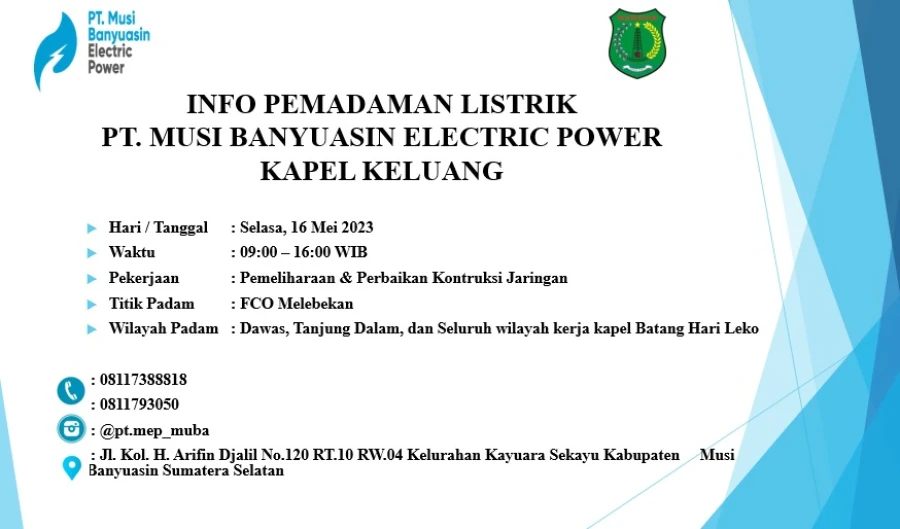 INFORMASI PEMELIHARAAN LISTRIK TERJADWAL KAPEL KELUANG 16/05/2023