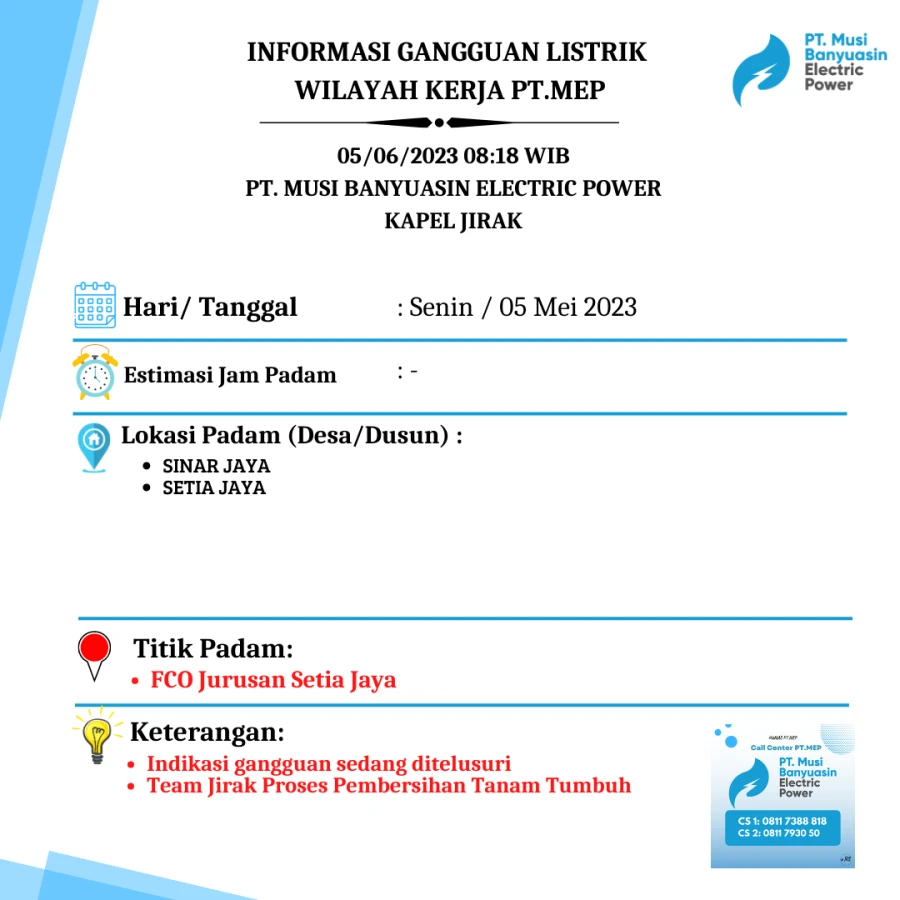 Informasi Pemadaman di Wilayah Kapel Jirak 05 Juni 2023