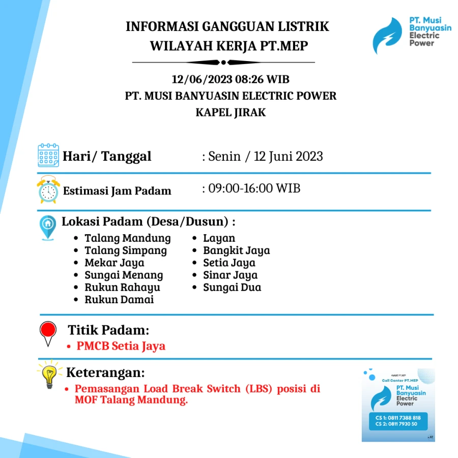 INFORMASI PEMADAMAN LISTRIK KAPEL JIRAK 12 JUNI 2023