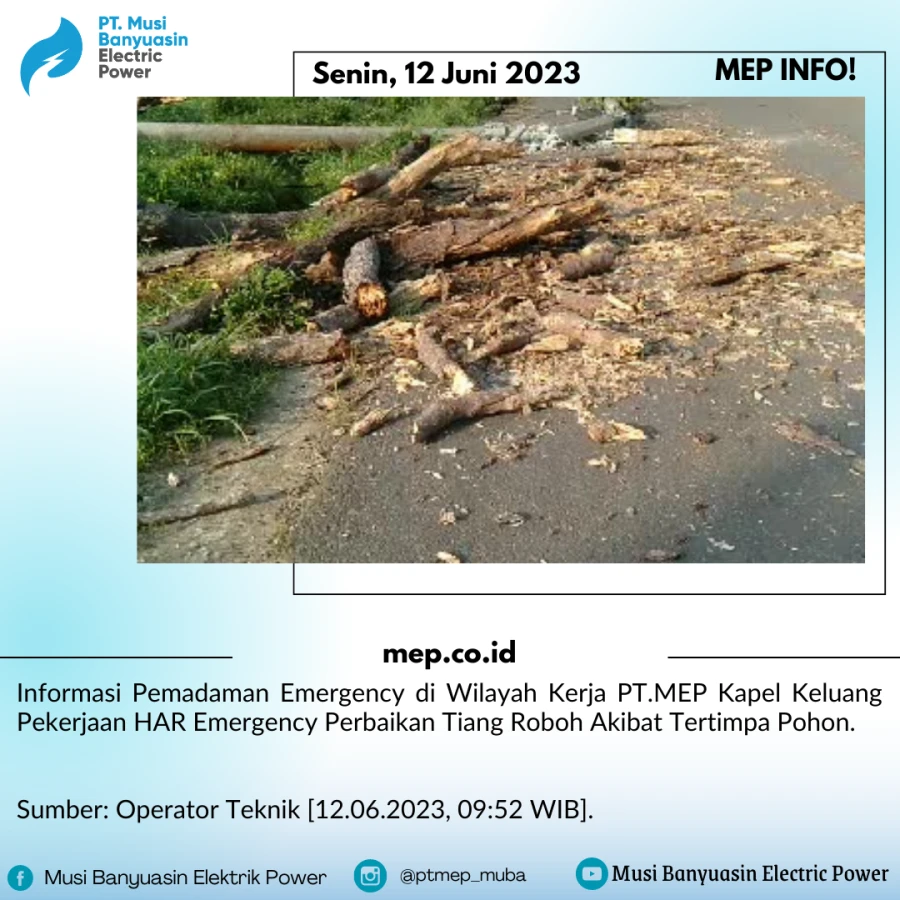 Informasi Pemadaman Emergency di Wilayah Kerja PT.MEP Kapel Keluang Pekerjaan HAR Emergency Perbaikan Tiga Tiang Roboh Akibat Tertimpa Pohon