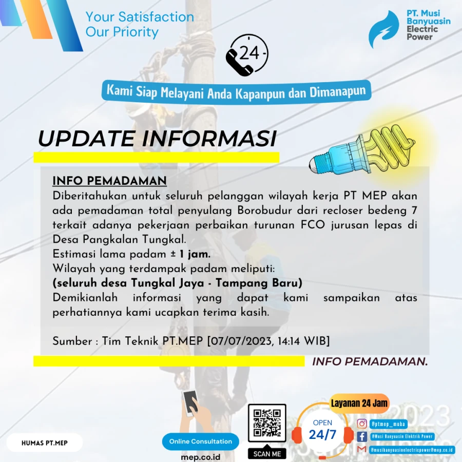 UPDATE INFORMASI RENCANA PEMADAMAN LISTRIK SEMENTARA DI WILAYAH KAPEL  TUNGKAL JAYA - TAMPANG BARU