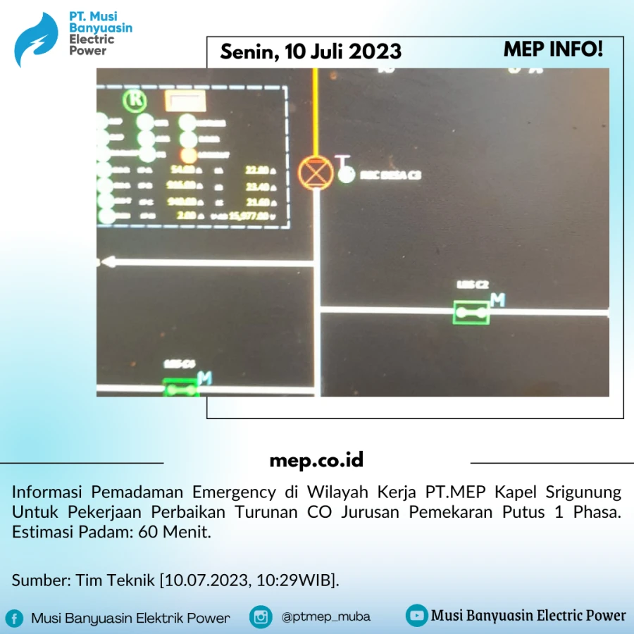 Informasi Pemadaman Emergency di Wilayah Kerja PT.MEP Kapel Srigunung Untuk Pekerjaan Perbaikan Turunan CO Jurusan Pemekaran Putus 1 Phasa.