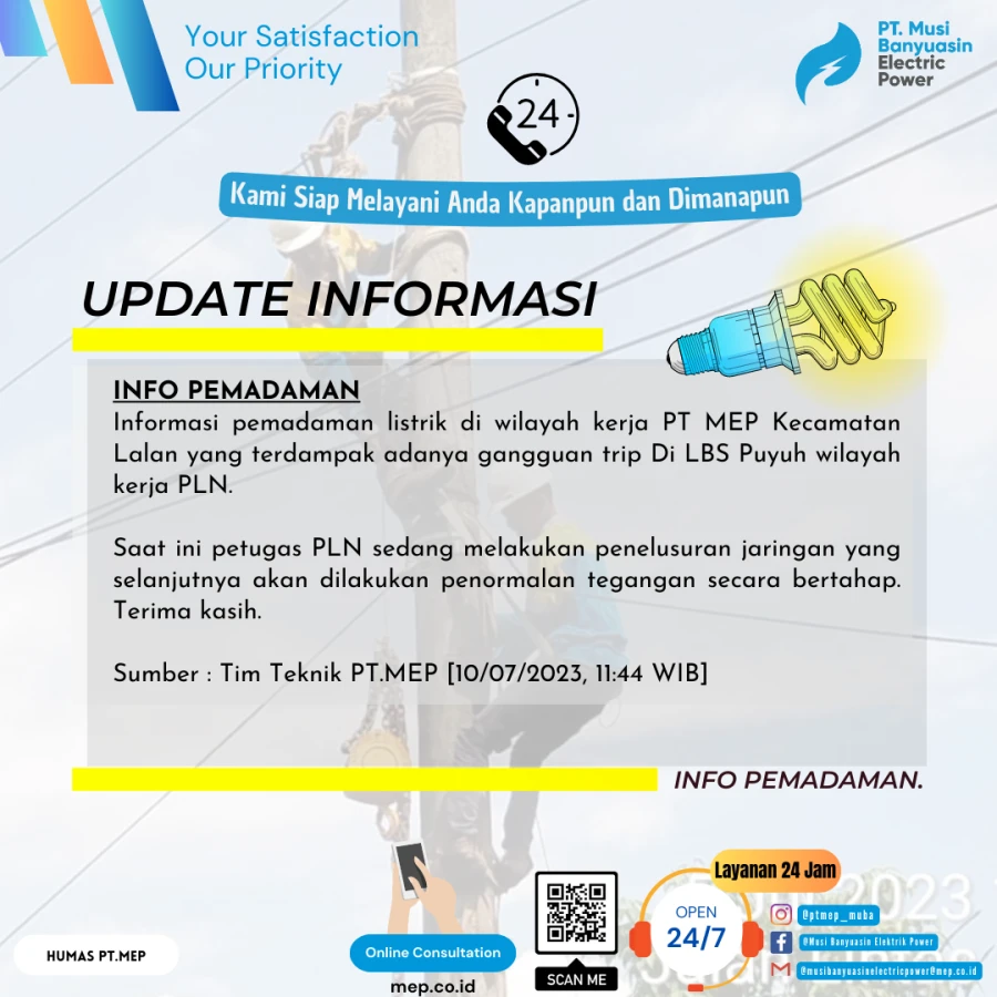Informasi Terdampak Padam PLN di wilayah kerja PT MEP Kecamatan Lalan 10/07/2023