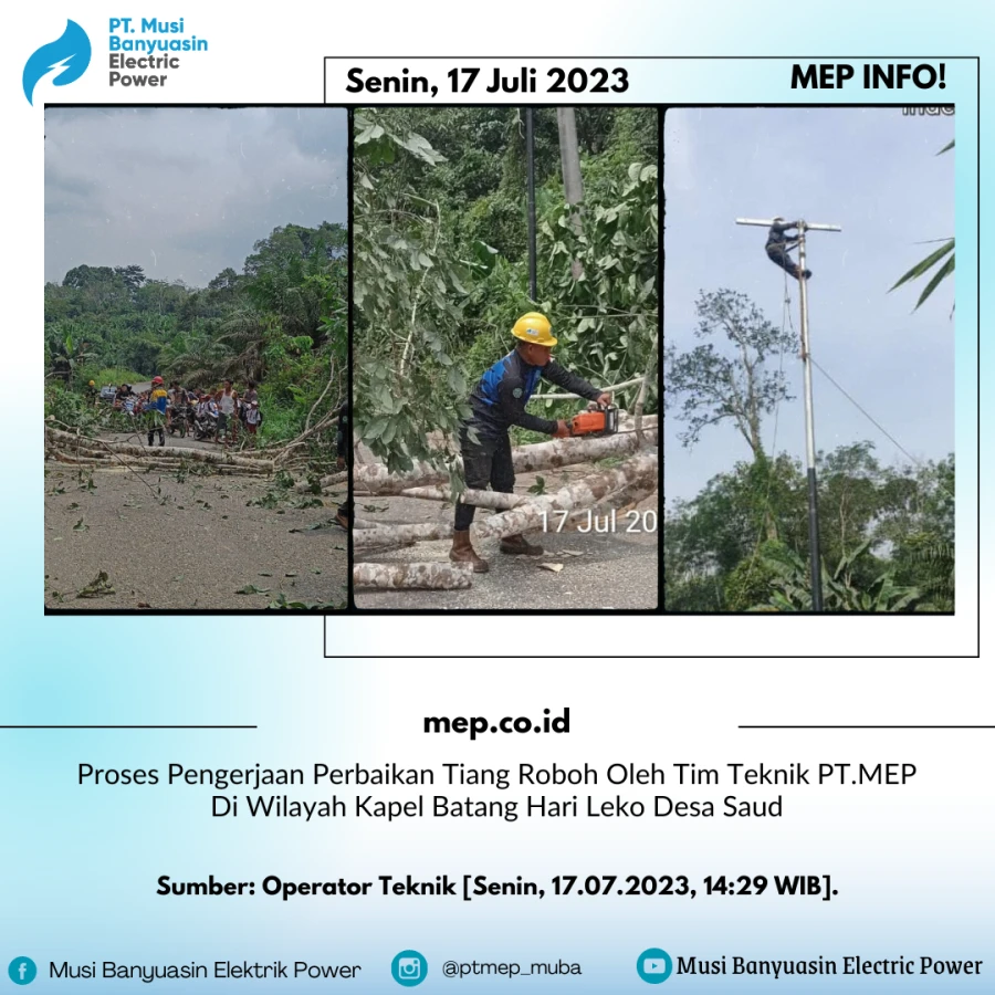 Proses Pengerjaan Perbaikan Tiang Roboh Oleh Tim Teknik PT.MEP Di Wilayah Kapel Batang Hari Leko Desa Saud