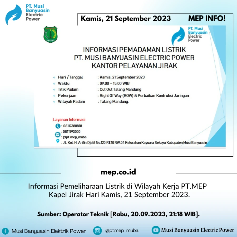 Informasi Pemeliharaan Listrik di Wilayah Kerja PT.MEP Kapel Jirak Hari Kamis, 21 September 2023