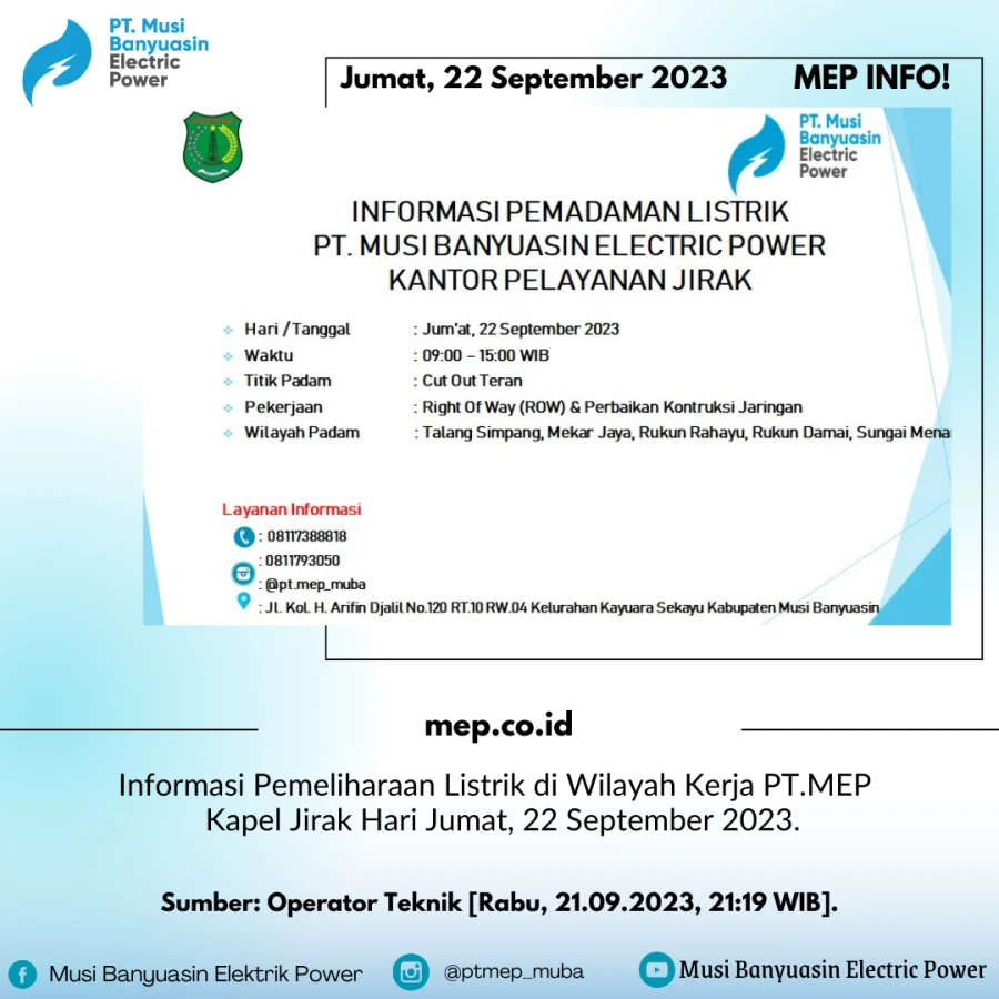 Informasi Pemeliharaan Listrik di Wilayah Kerja PT.MEP Kapel Jirak Hari Jumat, 22 September 2023