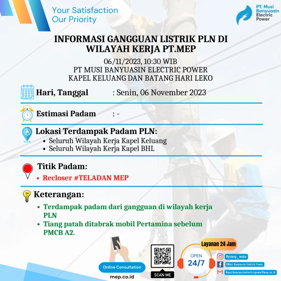 INFORMASI GANGGUAN LISTRIK PLN DI WILAYAH KERJA PT.MEP KAPEL KELUANG DAN BHL 06/11/2023