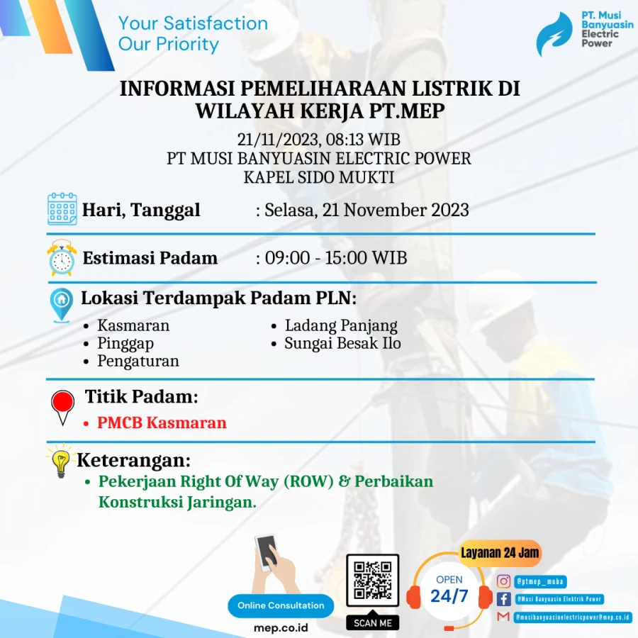 Informasi Pemeliharaan Listrik di Wilayah Kerja PT.MEP Kapel SIDO MUKTI Hari Selasa, 21/11/2023
