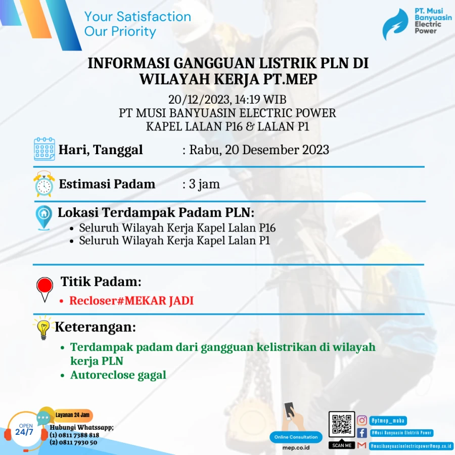 INFORMASI GANGGUAN LISTRIK PLN DI WILAYAH KERJA PT.MEP KAPEL LALAN P16 & LALAN P1 20/12/2023, 14:19 WIB