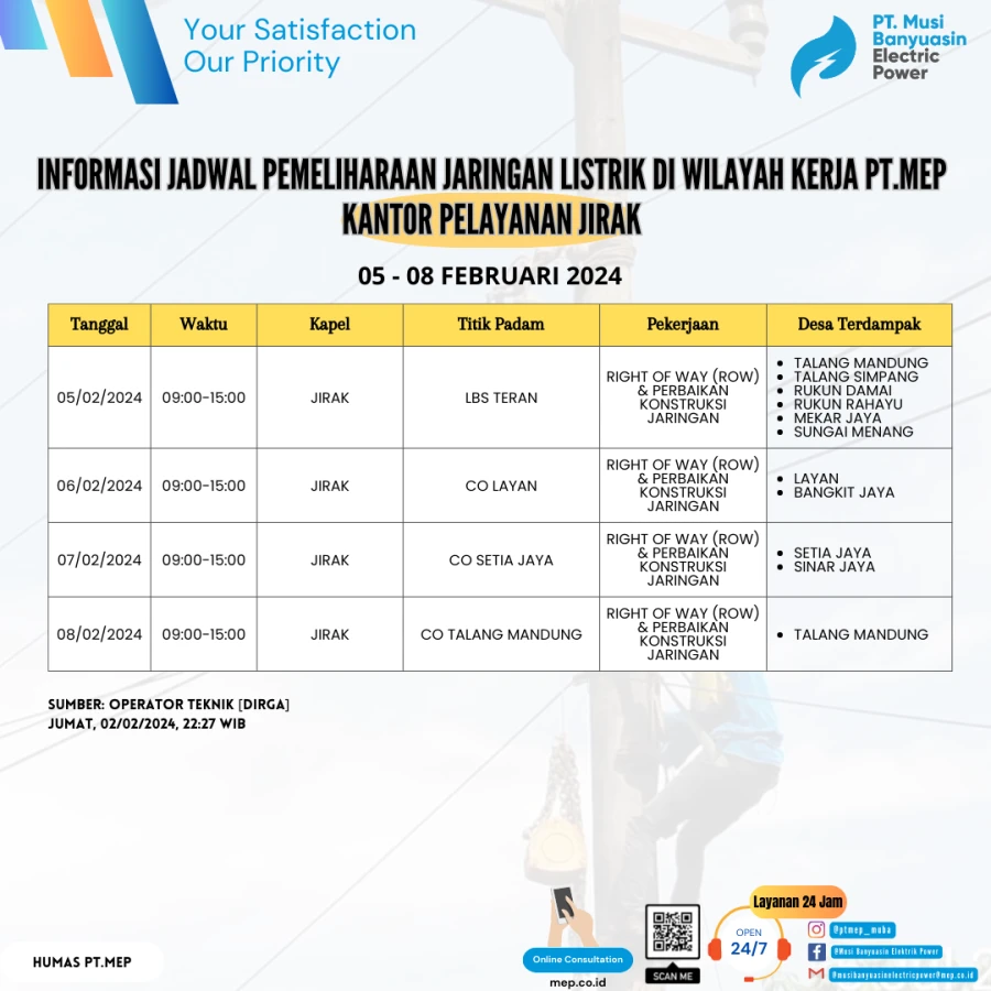 INFORMASI JADWAL PEMELIHARAAN JARINGAN LISTRIK DI WILAYAH KERJA PT.MEP  KANTOR PELAYANAN JIRAK TANGGAL 05 - 08 FEBRUARI 2024