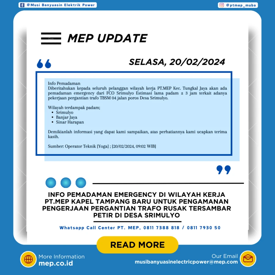 INFO PEMADAMAN EMERGENCY DI WILAYAH KERJA PT.MEP KAPEL TAMPANG BARU UNTUK PENGAMANAN PENGERJAAN PERGANTIAN TRAFO RUSAK TERSAMBAR PETIR DI DESA SRIMULYO