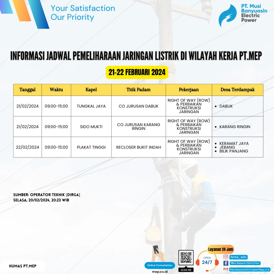 INFORMASI JADWAL PEMELIHARAAN JARINGAN LISTRIK DI WILAYAH KERJA PT.MEP 21-22 FEBRUARI 2024