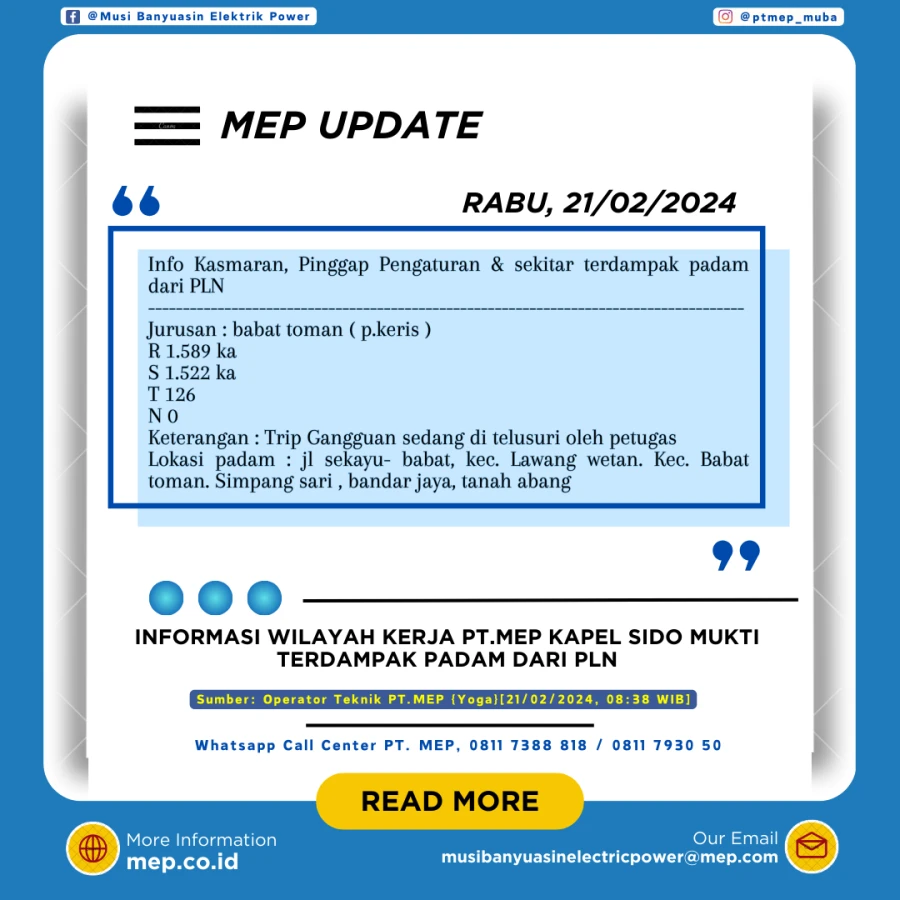 INFORMASI WILAYAH KERJA PT.MEP KAPEL SIDO MUKTI TERDAMPAK PADAM DARI PLN