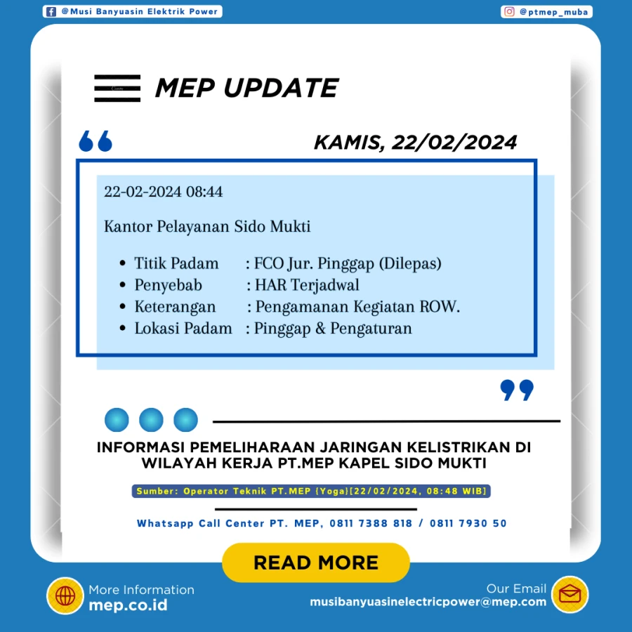 INFORMASI PEMELIHARAAN JARINGAN KELISTRIKAN DI WILAYAH KERJA PT.MEP KAPEL SIDO MUKTI