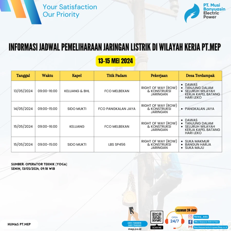 Informasi Jadwal Pemadaman Listrik Kegiatan Pemeliharaan Listrik di Wilayah Kerja PT MEP Tanggal 13-15 Mei 2024