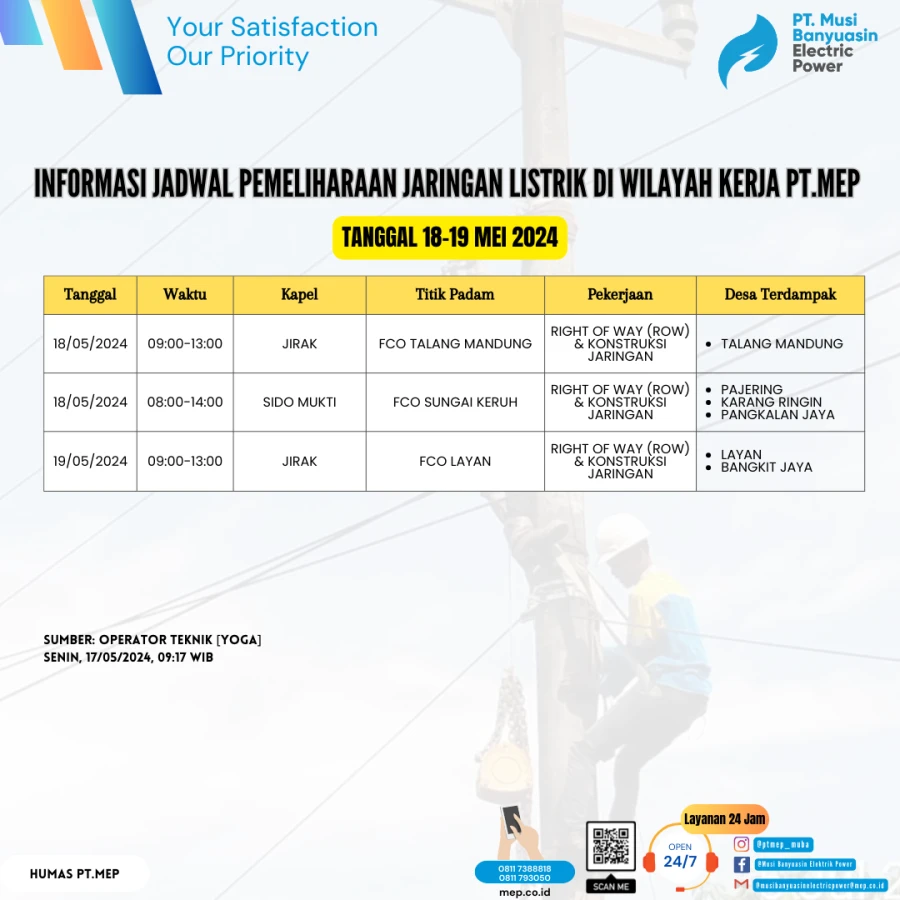 INFORMASI JADWAL PEMELIHARAAN JARINGAN LISTRIK DI WILAYAH KERJA PT.MEP TANGGAL 18-19 MEI 2024