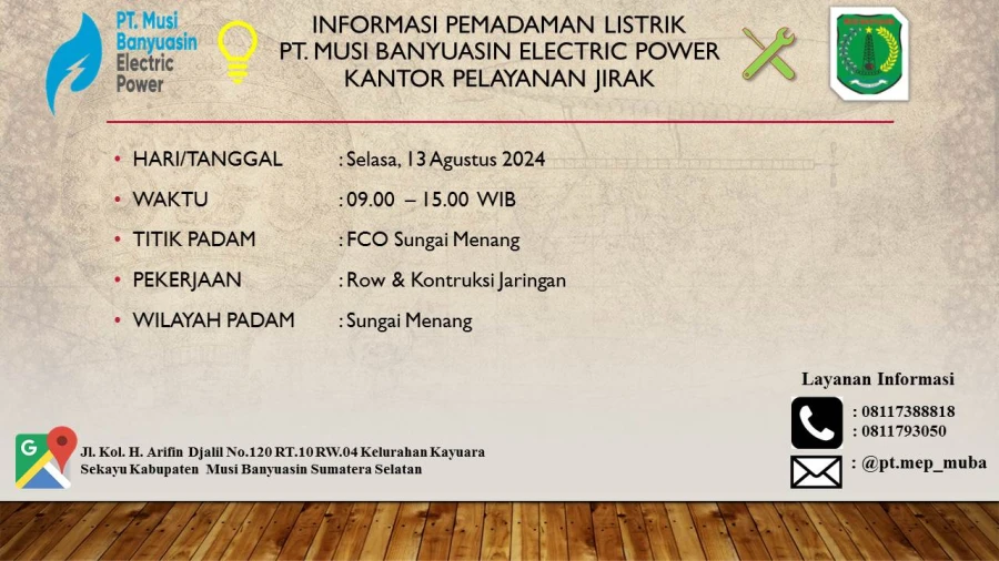 Informasi Pemeliharaan Listrik Di Wilayah Kerja PT MEP Kapel Jirak Tanggal 13/08/24
