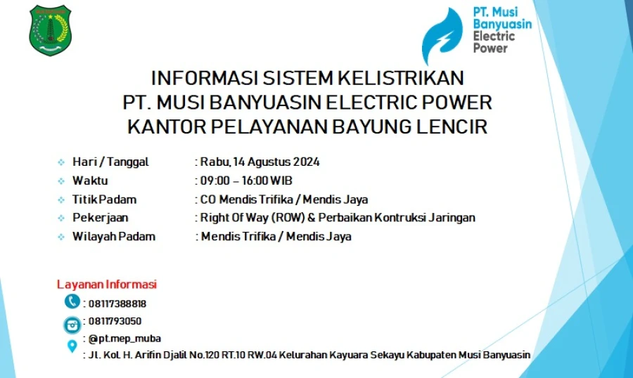 Informasi Pemeliharaan Listrik Di Wilayah Kerja PT MEP Kapel Bayung Lencir Tanggal 13/08/24