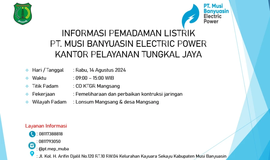 Informasi Pemeliharaan Listrik Di Wilayah Kerja PT MEP Kapel Tungkal Jaya Tanggal 14/08/24