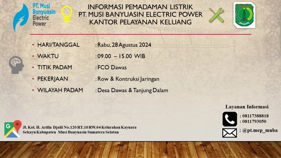 Informasi Pemeliharaan Listrik Terjadwal Di Wilayah Kerja PT MEP Kapel Sido Mukti Tanggal 28/08/2024