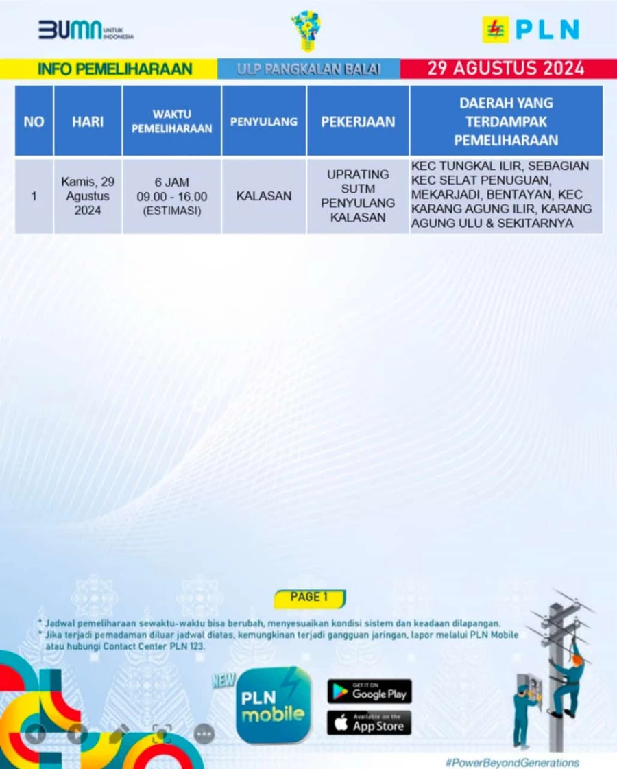 Informasi Terdampak Padam PLN di Wilayah Kerja PT MEP Kapel Lalan Tanggal 29/08/2024