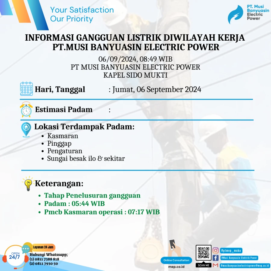 Informasi Padam Gangguan Listrik Di Wilayah Kerja PT MEP Kapel Sido Mukti Tanggal 06/09/2024