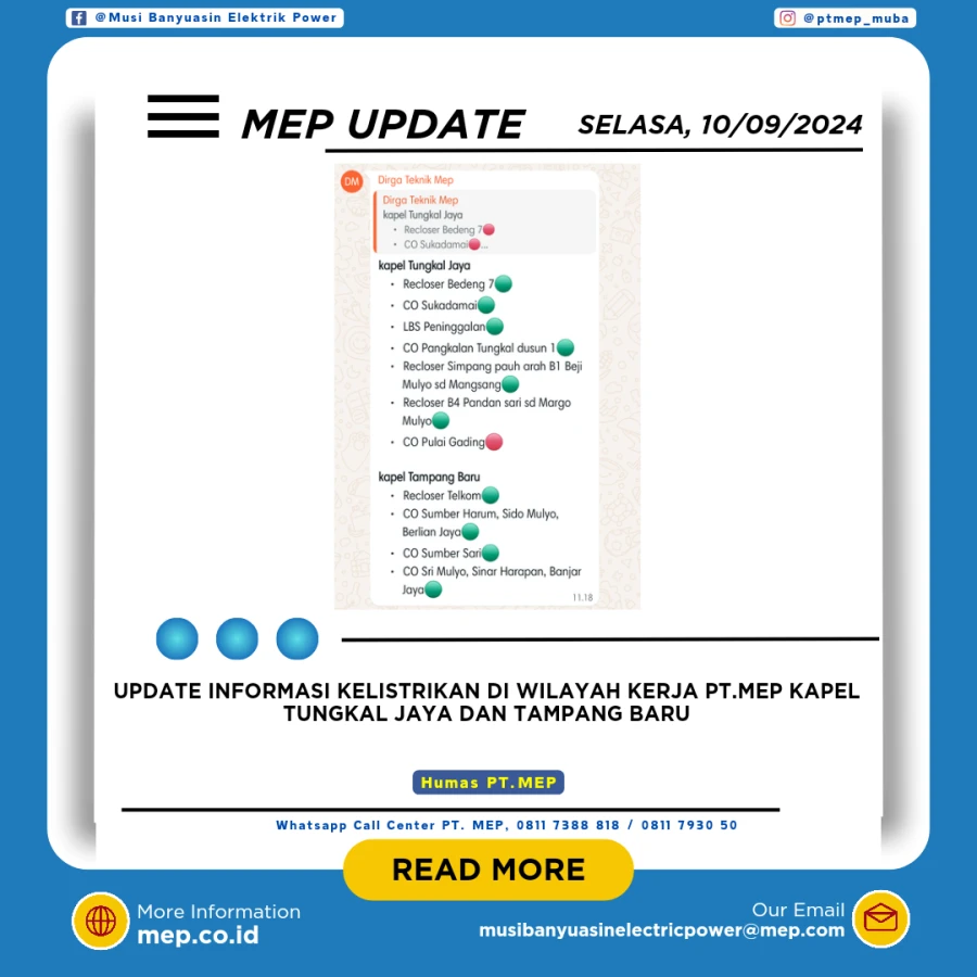Update Informasi Padam Gangguan Listrik Di Wilayah Kerja PT MEP Kapel Tungkal Jaya & Tampang Baru Tanggal 10/09/2024