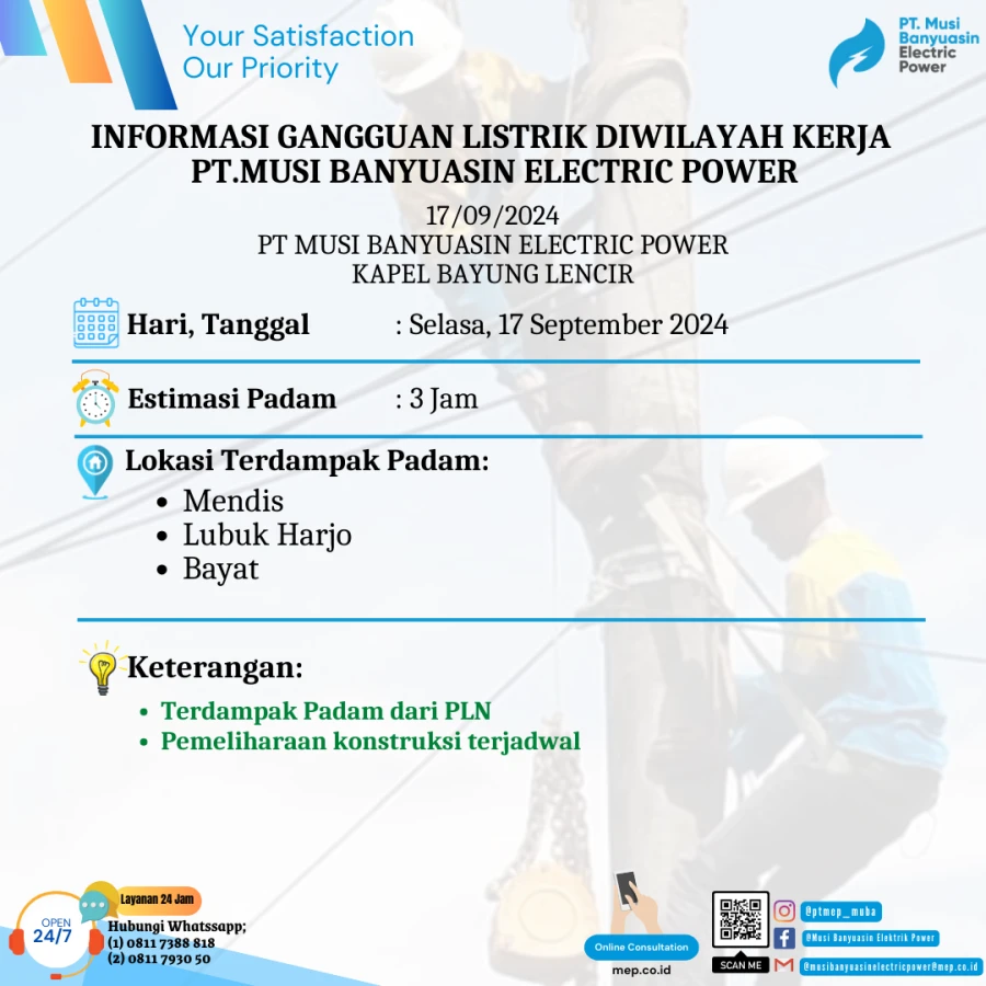 Informasi Terdampak Padam PLN di Wilayah Kerja PT MEP Kapel Bayung Lencir Tanggal 17/09/2024