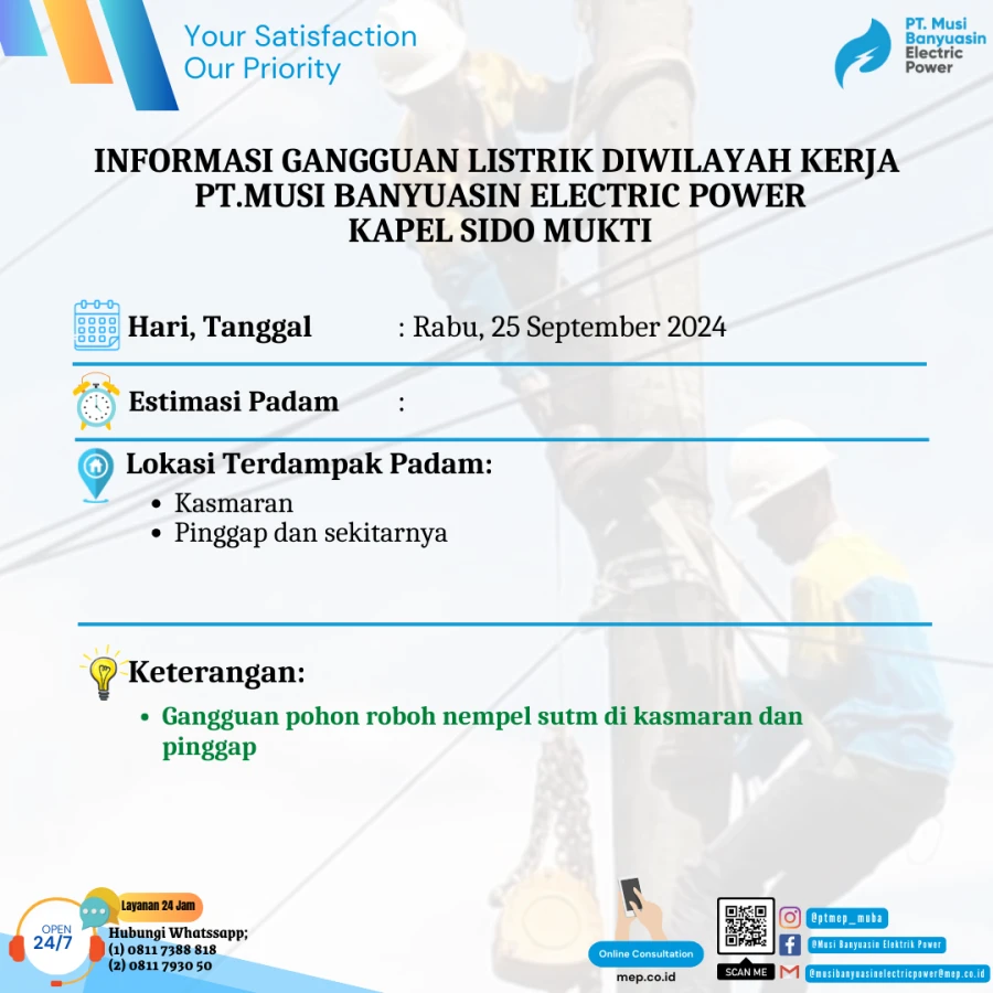 Informasi Penyebab Padam Gangguan Listrik Di Wilayah Kerja PT MEP MOF PINGGAP Kapel SIDO MUKTI Tanggal 25/09/2024