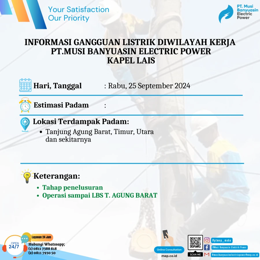 Informasi Penyebab Padam Gangguan Listrik Di Wilayah Kerja PT MEP Kapel LAIS MOF TANJUNG AGUNG Tanggal 25/09/2024