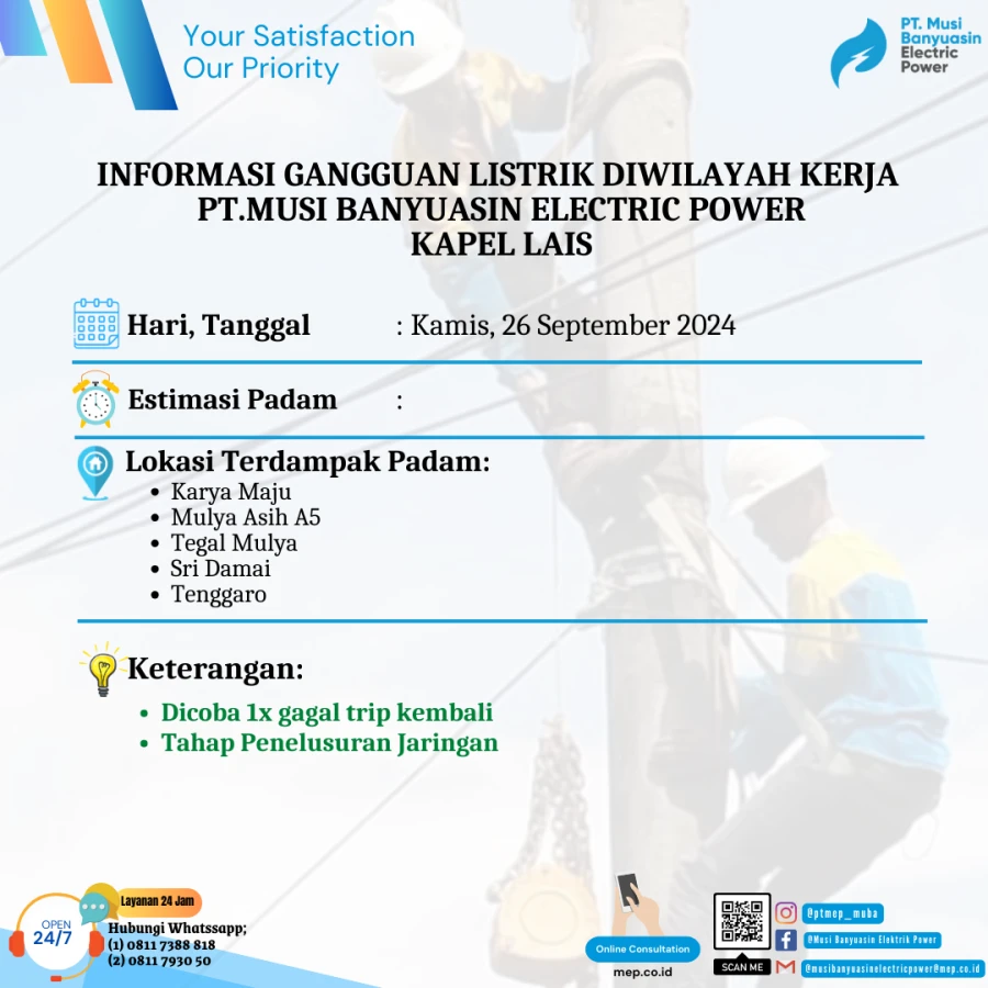 Informasi Penyebab Padam Gangguan Listrik Di Wilayah Kerja PT MEP Kapel Keluang Tanggal 26/09/2024