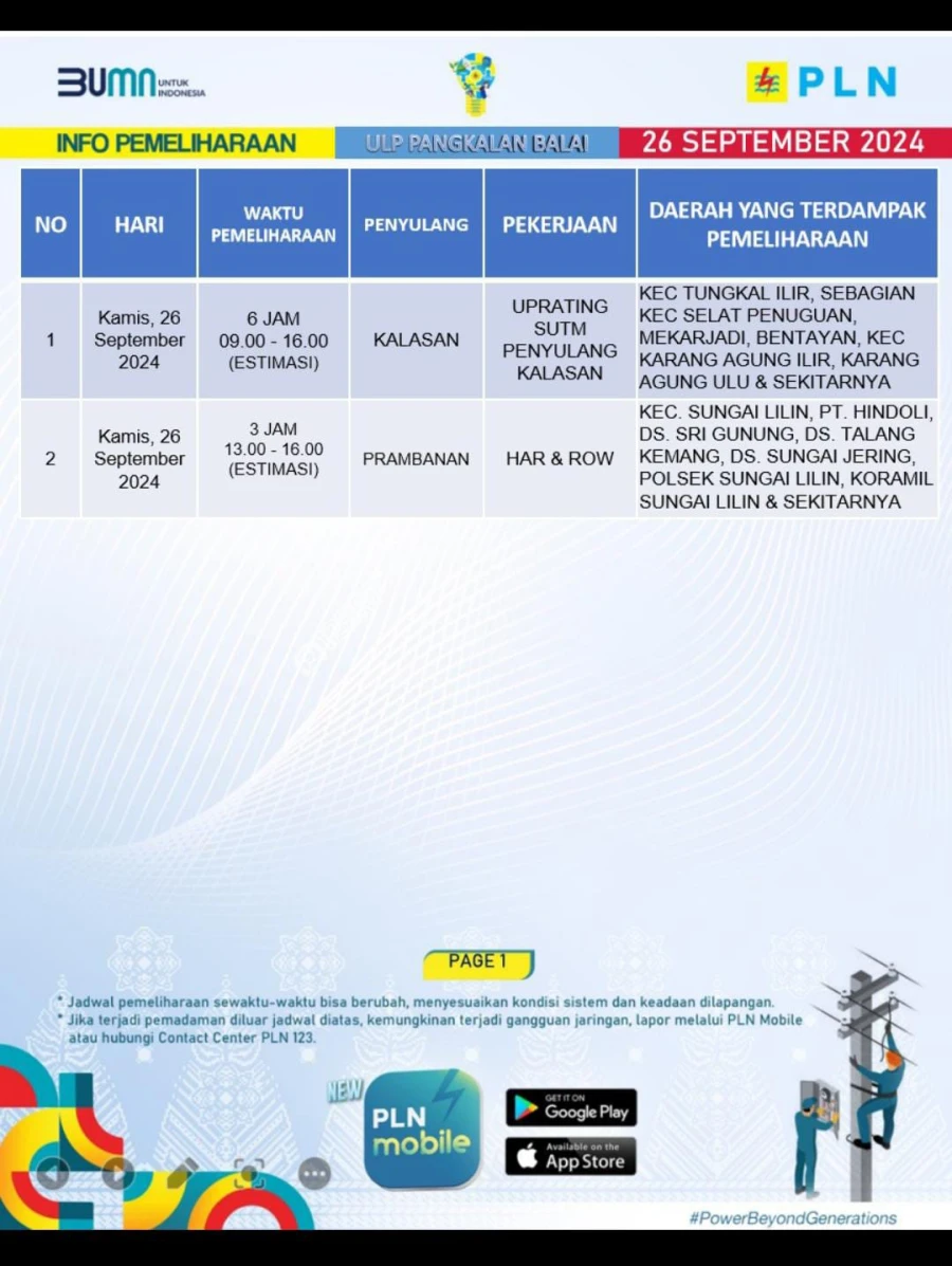 Informasi Terdampak Padam PLN di Wilayah Kerja PT MEP Kapel Kapel Lalan dan Sungai Lilin Tanggal 26/09/2024