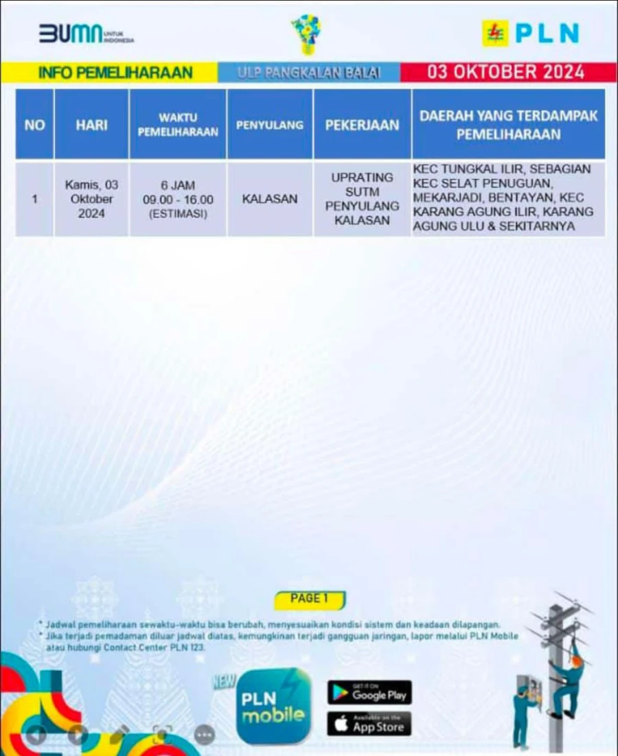 Informasi Terdampak Padam PLN di Wilayah Kerja PT MEP Kapel Lalan Tanggal 03/10/2024