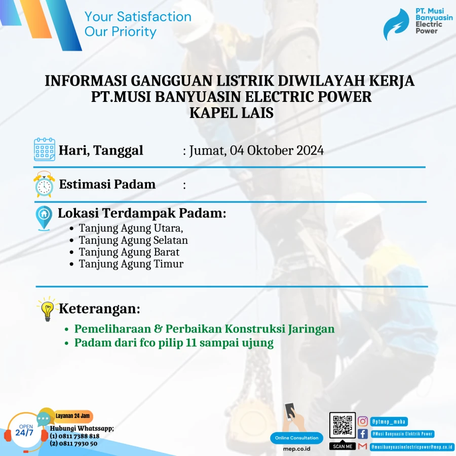 Informasi Pemeliharaan Listrik Di Wilayah Kerja PT MEP Kapel Lais Tanggal 04/10/2024
