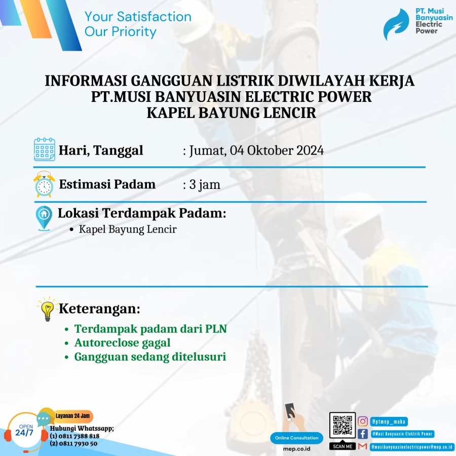 Informasi Terdampak Padam PLN di Wilayah Kerja PT MEP Kapel Bayung Lencir Tanggal 04/10/2024