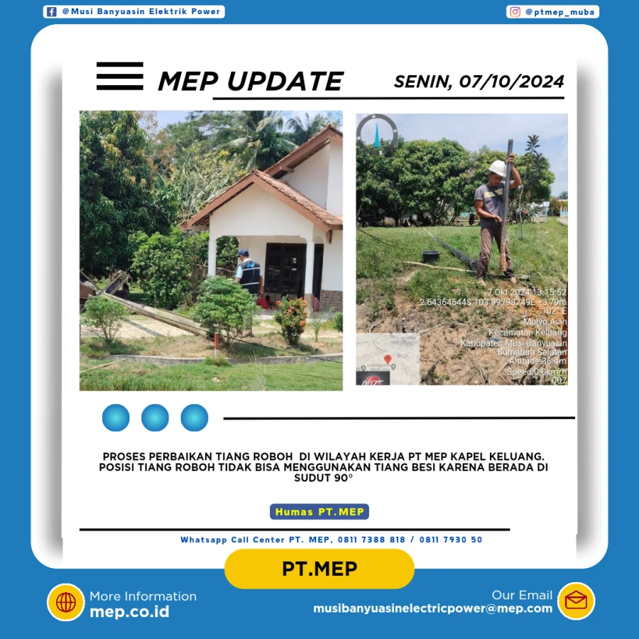 Update informasi Proses Perbaikan Tiang Roboh Di Wilayah Kerja PT MEP Kapel Keluang Tanggal 07/10/2024