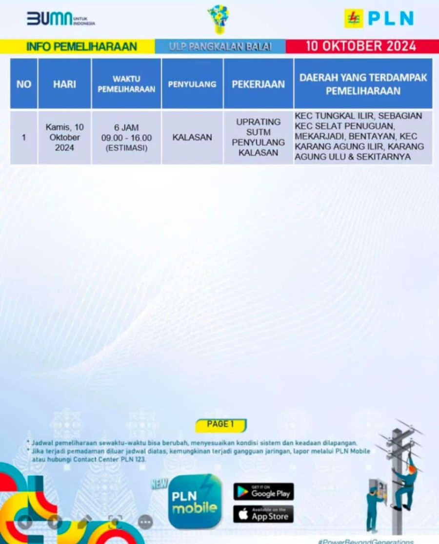 Informasi Pemeliharaan Listrik Terjadwal Di Wilayah Kerja PT MEP Kapel Lalan Tanggal 10/10/2024
