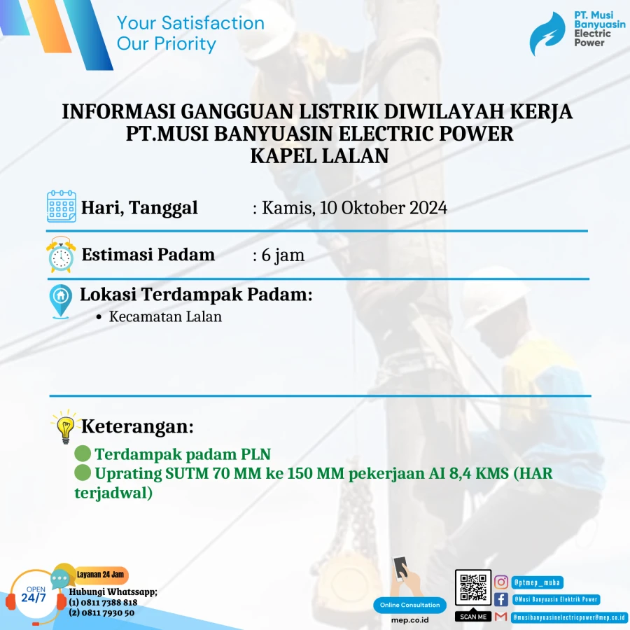 Informasi Terdampak Padam PLN di Wilayah Kerja PT MEP Kapel Lalan Tanggal 10/10/2024
