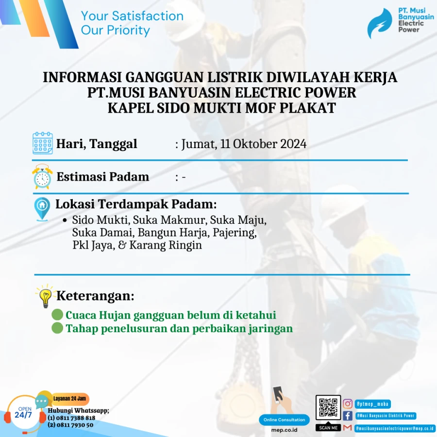 Informasi Penyebab Padam Gangguan Listrik Di Wilayah Kerja PT MEP Kapel Sido Mukti Mof Plakat Tanggal 11/10/2024