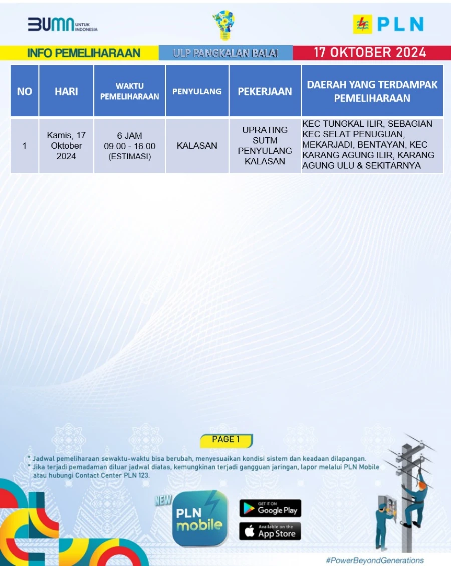 Informasi Terdampak Padam PLN di Wilayah Kerja PT MEP Kecamatan Lalan Tanggal 17/10/2024