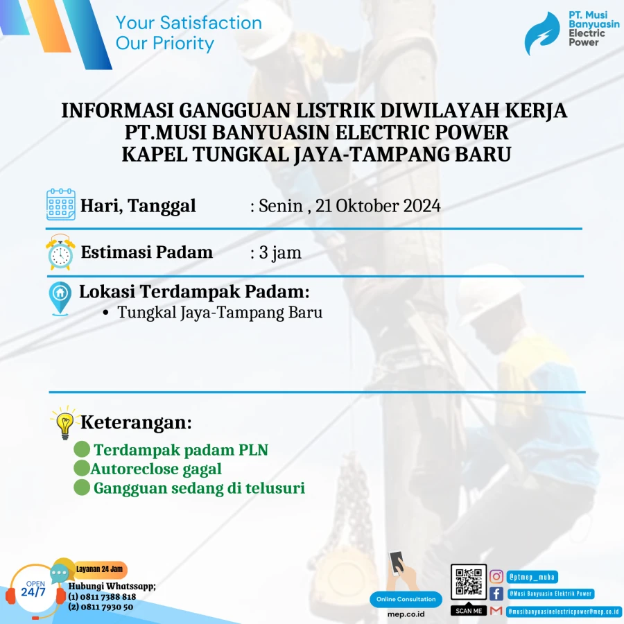 Informasi Terdampak Padam PLN di Wilayah Kerja PT MEP Kapel Tungkal Jaya - Tampang Baru Tanggal 21/10/2024