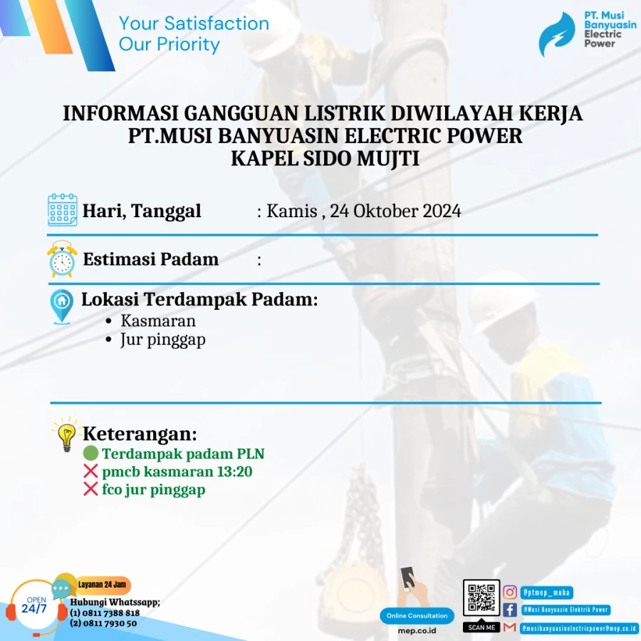 Informasi Terdampak Padam PLN di Wilayah Kerja PT MEP Kapel Sido Mukti Tanggal 24/10/2024