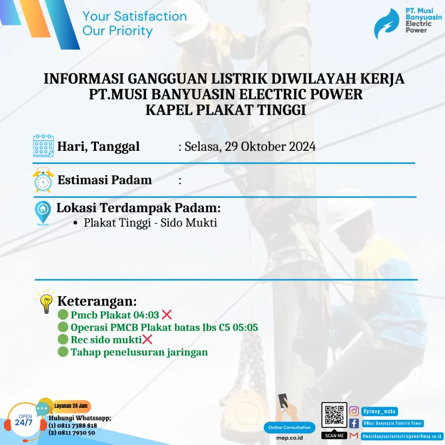 Informasi Penyebab Padam Gangguan Listrik Di Wilayah Kerja PT MEP Kapel Plakat Tinggi - Sido Mukti Tanggal 29/10/2024