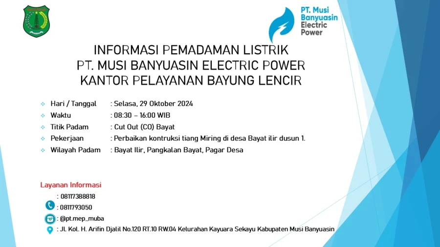 Informasi Pemeliharaan Listrik Terjadwal Di Wilayah Kerja PT MEP Kapel Bayung Lencir Tanggal 29/10/2024
