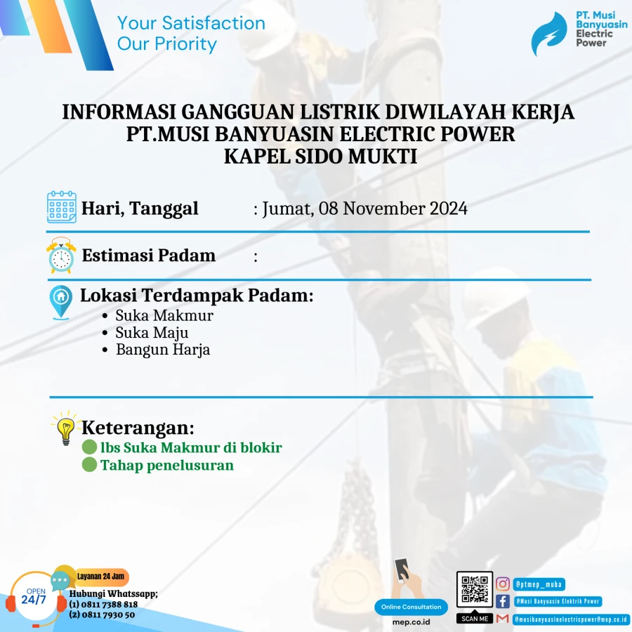 Informasi Penyebab Padam Gangguan Listrik Di Wilayah Kerja PT MEP Kapel Sido Mukti  Tanggal 08/11/2024