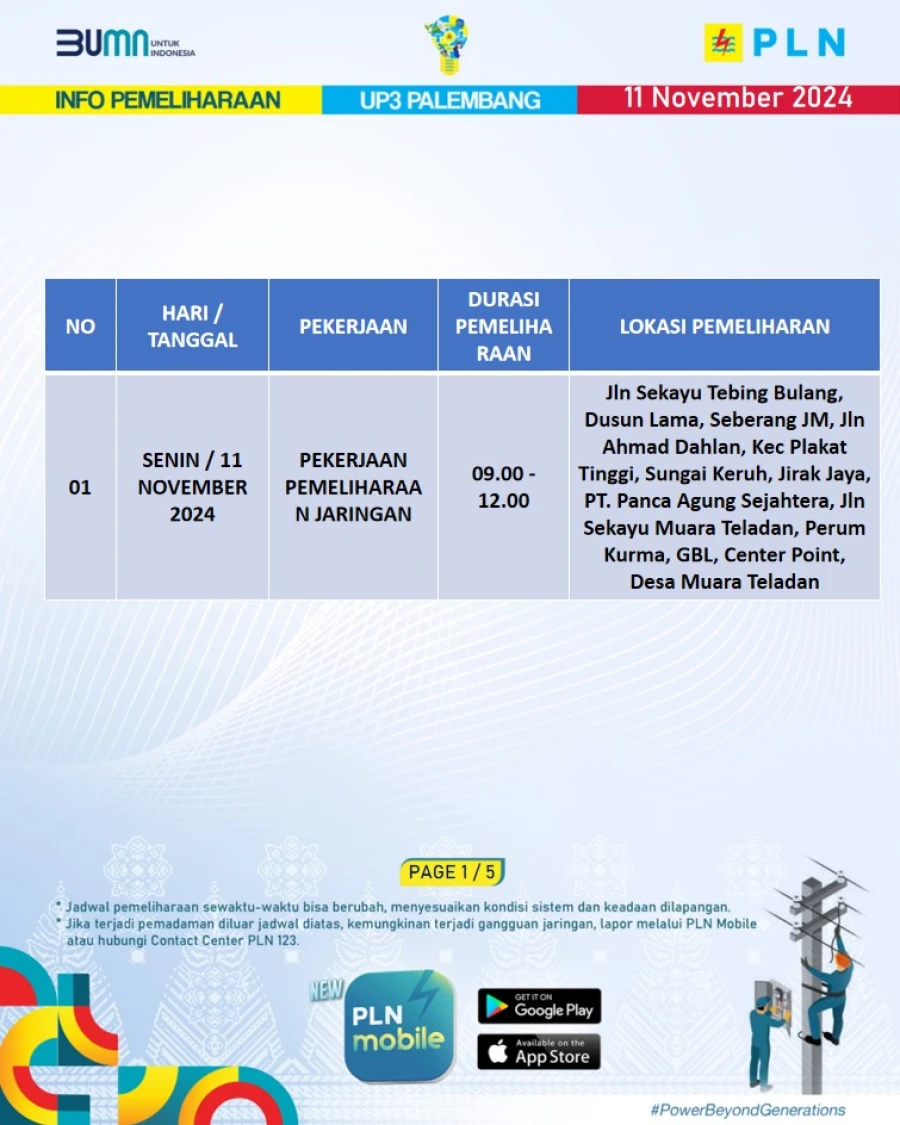 Informasi Terdampak Padam PLN di Wilayah Kerja PT MEP Kecamatan Plakat Tinggi, Sungai Keruh & Jirak Jaya Tanggal 11/11/2024