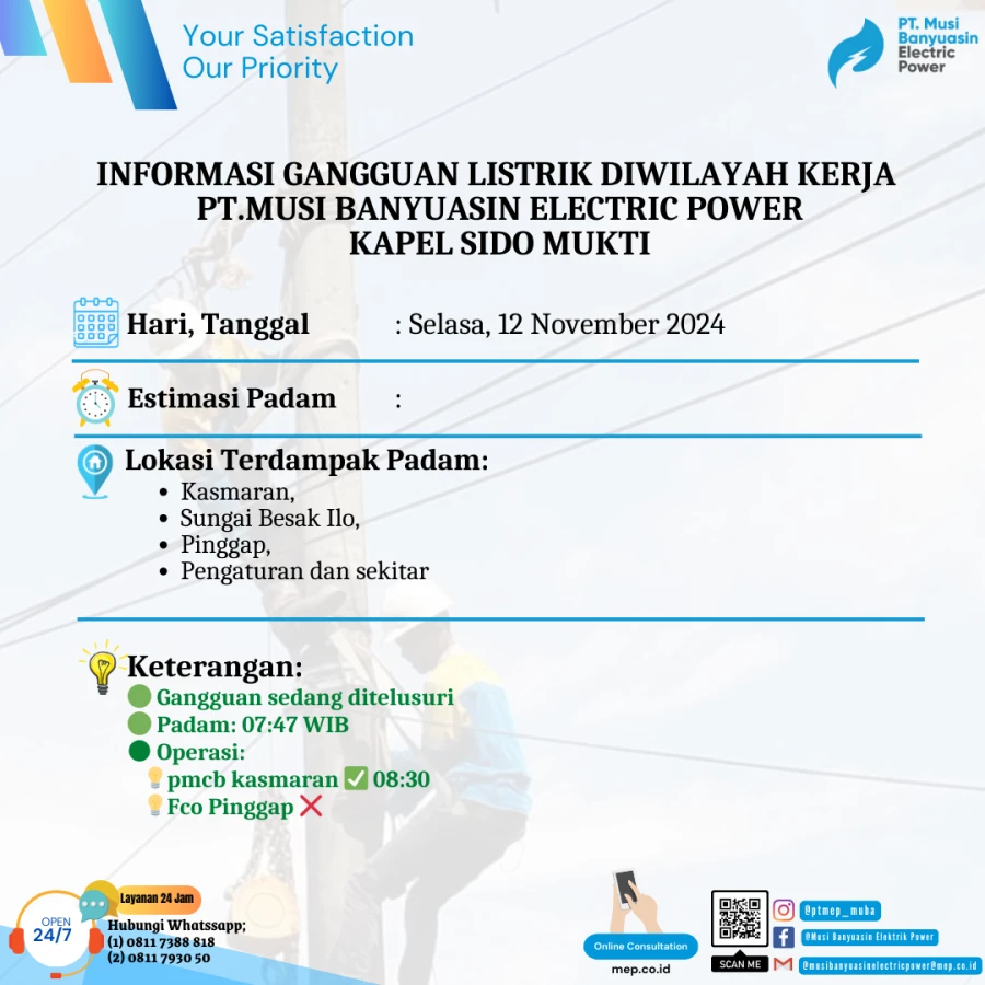 Informasi Penyebab Padam Gangguan Listrik Di Wilayah Kerja PT MEP Kapel Sido Mukti Tanggal 12/11/2024